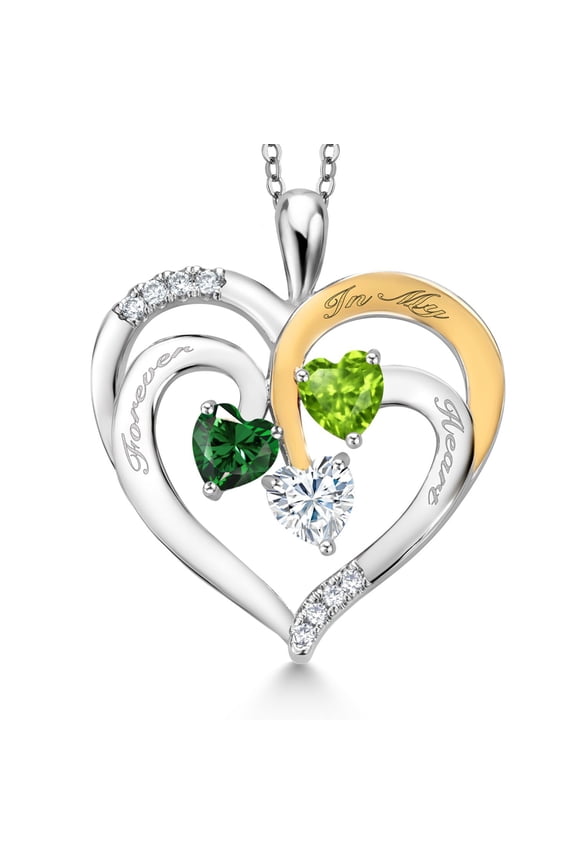Two Tone Green Nano Emerald Green Peridot White Moissanite `Forever in My Heart` Engraved Pendant Necklace for Women (1.42 cttw, Heart Shape 5MM, 18 inch Chain)