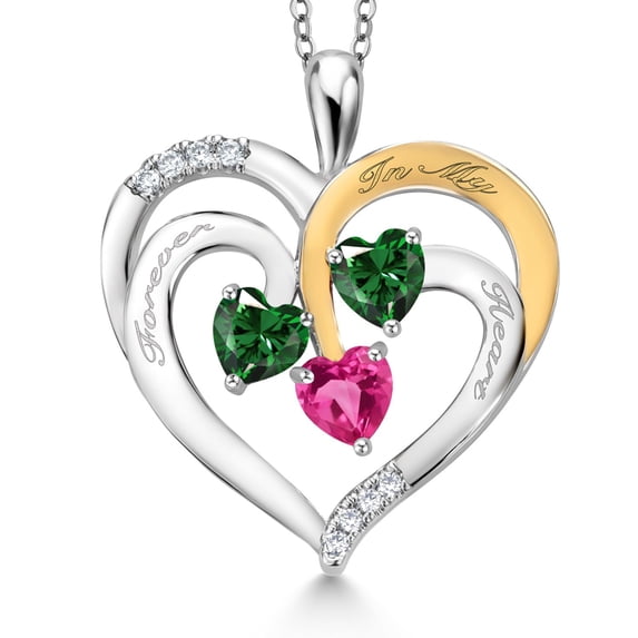 Gem Stone King Two Tone Green Nano Emerald and Pink Created Sapphire Created Moissanite `Forever in My Heart` Engraved Pendant Necklace for Women (1.60 cttw, Heart Shape 5MM, 18 inch Chain)
