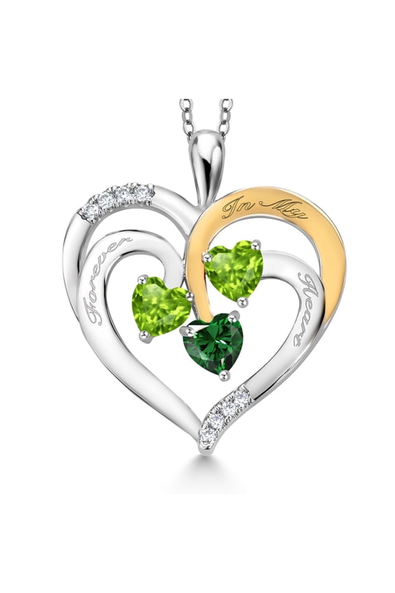 Two Tone Green Peridot and Green Nano Emerald Created Moissanite `Forever in My Heart` Engraved Pendant Necklace for Women (1.50 cttw, Heart Shape 5MM, 18 inch Chain)