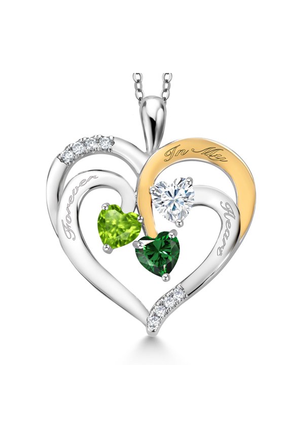 Two Tone Green Peridot White Moissanite Green Nano Emerald `Forever in My Heart` Engraved Pendant Necklace for Women (1.42 cttw, Heart Shape 5MM, 18 inch Chain)