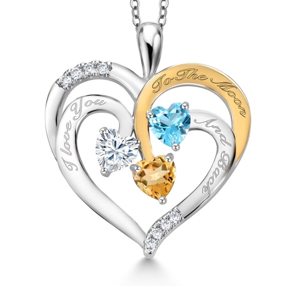 Gem Stone King Two Tone Moissanite and Swiss Blue Topaz and Citrine `I love you to the moon and back` Engraved Pendant for Women (1.51 Cttw, Heart Shape 5MM, 18 inch Chain)