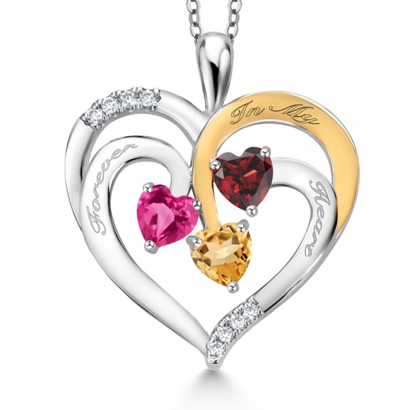 Gem Stone King Two Tone Pink Created Sapphire Red Garnet Yellow Citrine Created Moissanite `Forever in My Heart` Engraved Pendant Necklace for Women (1.66 cttw, Heart Shape 5MM, 18 inch Chain)
