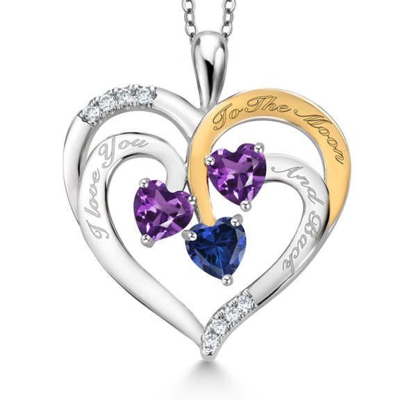 Gem Stone King Two Tone Purple Amethyst and Blue Created Sapphire Created Moissanite `I love you to the moon and back` Engraved Pendant Necklace for Women (1.34 cttw, Heart Shape 5MM, 18 inch Chain)