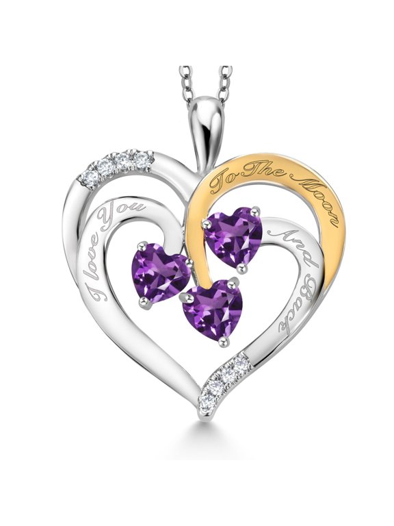 Two Tone Purple Amethyst and Purple Amethyst Created Moissanite `I love you to the moon and back` Engraved Pendant Necklace for Women (1.26 cttw, Heart Shape 5MM, 18 inch Chain)