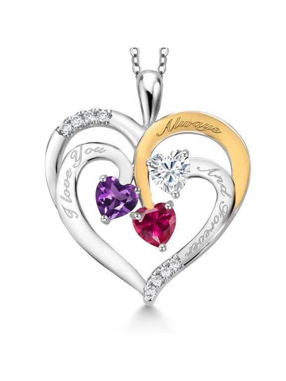 Two Tone Purple Amethyst White Moissanite Red Created Ruby `I love you always and forever` Engraved Pendant Necklace for Women (1.44 cttw, Heart Shape 5MM, 18 inch Chain)
