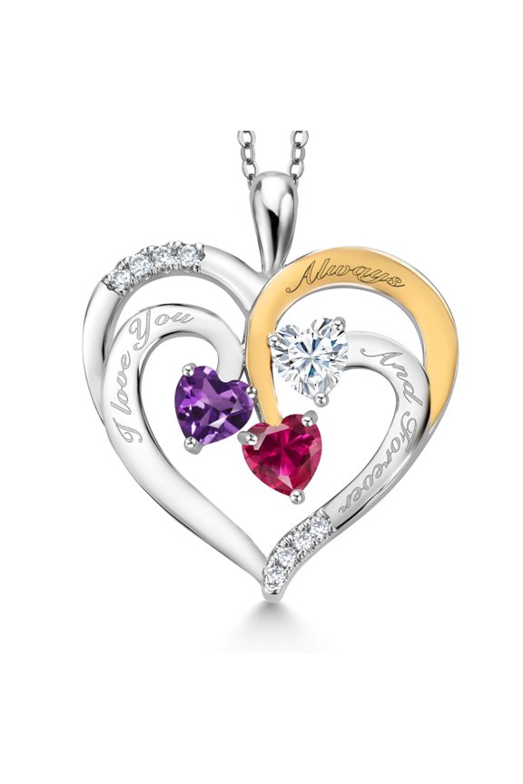 Two Tone Purple Amethyst White Moissanite Red Created Ruby `I love you always and forever` Engraved Pendant Necklace for Women (1.44 cttw, Heart Shape 5MM, 18 inch Chain)