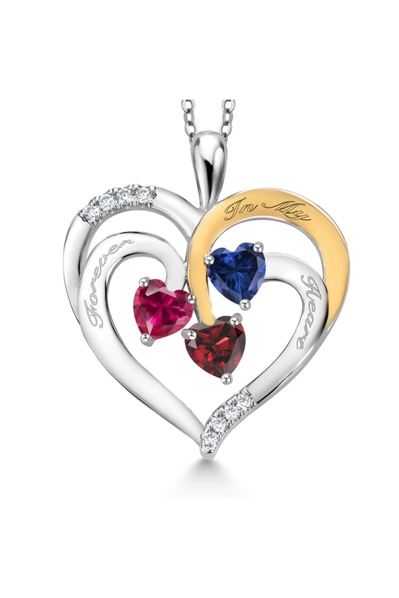 Two Tone Red Created Ruby Blue Created Sapphire Red Garnet Created Moissanite `Forever in My Heart` Engraved Pendant Necklace for Women (1.70 cttw, Heart Shape 5MM, 18 inch Chain)