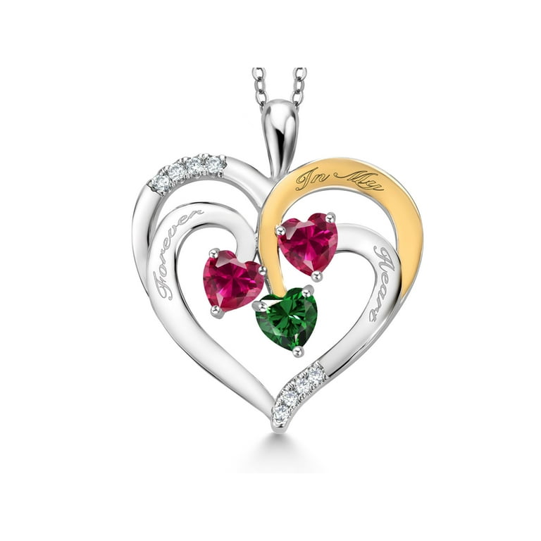 Gem Stone King Two Tone Red Created Ruby and Green Nano Emerald Created Moissanite Forever In My Heart Engraved Pendant Necklace For Women 1.70