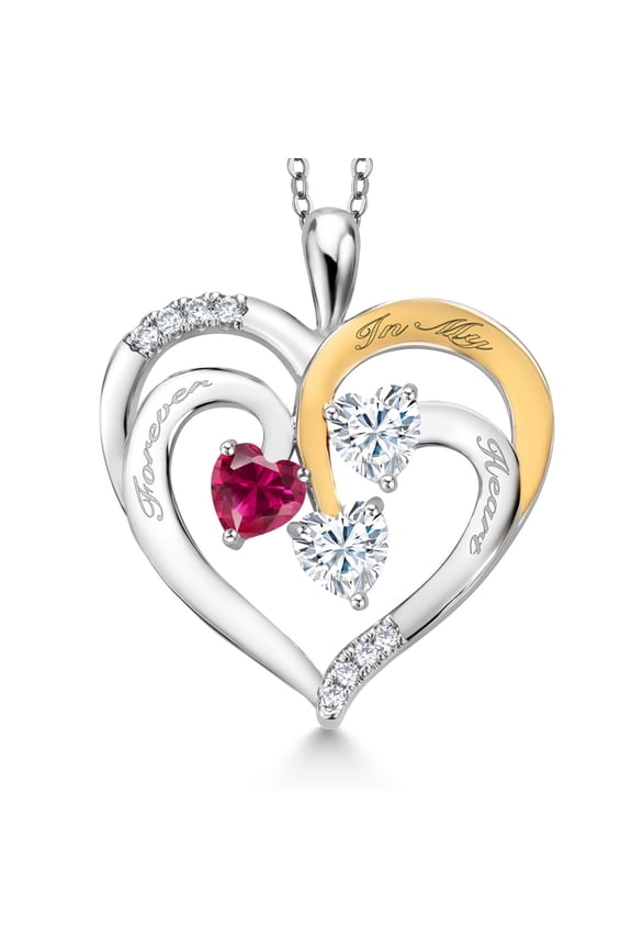 Two Tone Red Created Ruby and White Moissanite `Forever in My Heart` Engraved Pendant Necklace for Women (1.44 cttw, Heart Shape 5MM, 18 inch Chain)