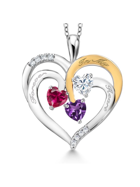 Two Tone Red Created Ruby White Moissanite Purple Amethyst `Forever in My Heart` Engraved Pendant Necklace for Women (1.44 cttw, Heart Shape 5MM, 18 inch Chain)