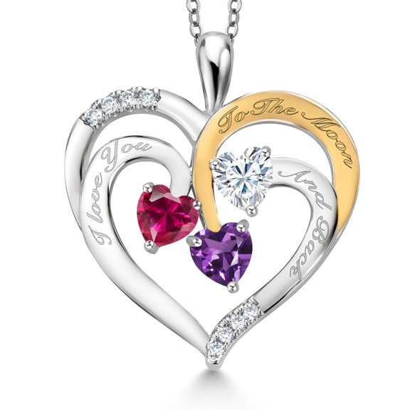 Gem Stone King Two Tone Red Created Ruby White Moissanite Purple Amethyst `I love you to the moon and back` Engraved Pendant Necklace for Women (1.44 cttw, Heart Shape 5MM, 18 inch Chain)