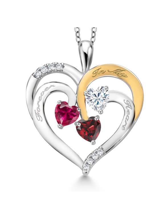 Two Tone Red Created Ruby White Moissanite Red Garnet `Forever in My Heart` Engraved Pendant Necklace for Women (1.62 cttw, Heart Shape 5MM, 18 inch Chain)