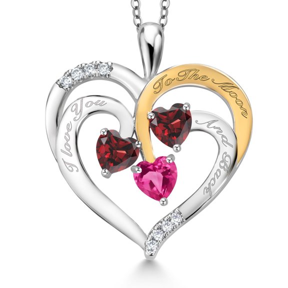 Gem Stone King Two Tone Red Garnet and Pink Created Sapphire Created Moissanite `I love you to the moon and back` Engraved Pendant Necklace for Women (1.80 cttw, Heart Shape 5MM, 18 inch Chain)
