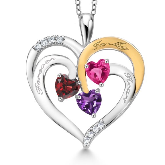 Gem Stone King Two Tone Red Garnet Pink Created Sapphire Purple Amethyst Created Moissanite `Forever in My Heart` Engraved Pendant Necklace for Women (1.62 cttw, Heart Shape 5MM, 18 inch Chain)