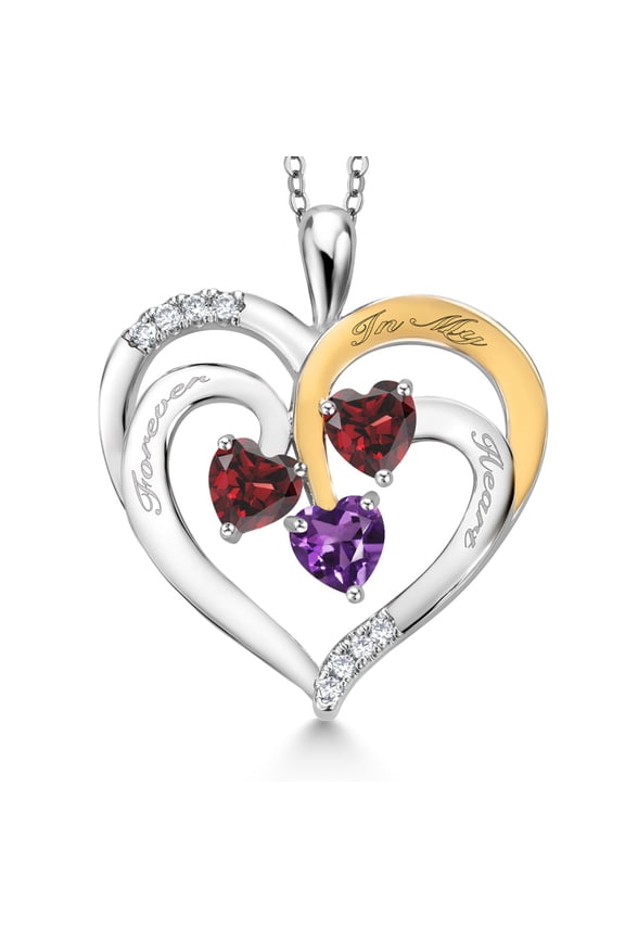 Two Tone Red Garnet and Purple Amethyst Created Moissanite `Forever in My Heart` Engraved Pendant Necklace for Women (1.62 cttw, Heart Shape 5MM, 18 inch Chain)