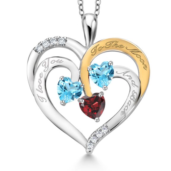 Gem Stone King Two Tone Swiss Blue Topaz and Red Garnet Created Moissanite `I love you to the moon and back` Engraved Pendant Necklace for Women (1.70 cttw, Heart Shape 5MM, 18 inch Chain)