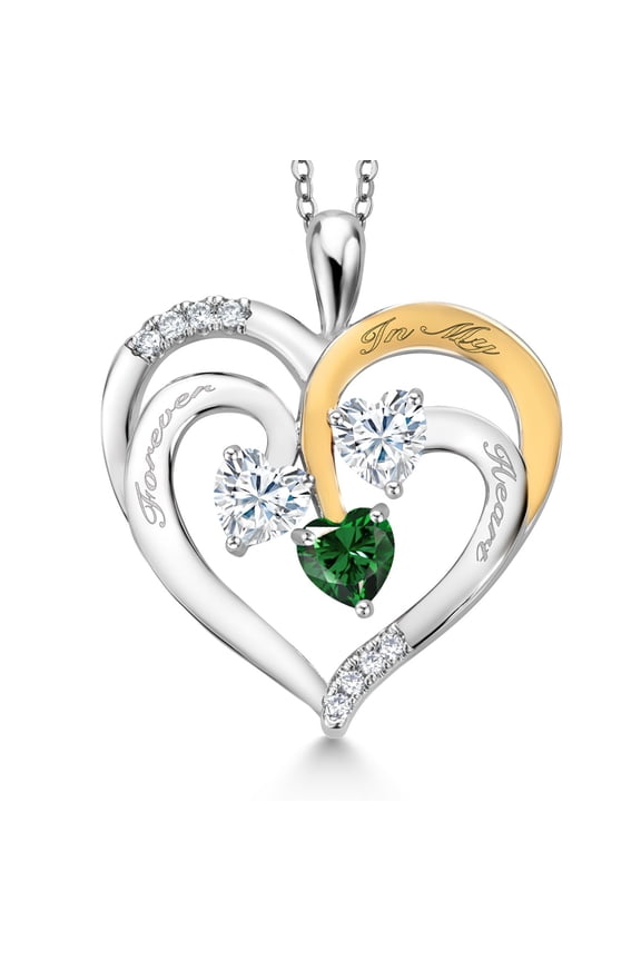 Two Tone White Moissanite and Green Nano Emerald `Forever in My Heart` Engraved Pendant Necklace for Women (1.34 cttw, Heart Shape 5MM, 18 inch Chain)