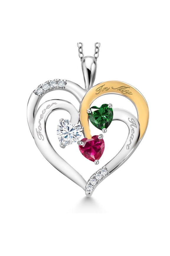 Two Tone White Moissanite Green Nano Emerald Red Created Ruby `Forever in My Heart` Engraved Pendant Necklace for Women (1.52 cttw, Heart Shape 5MM, 18 inch Chain)