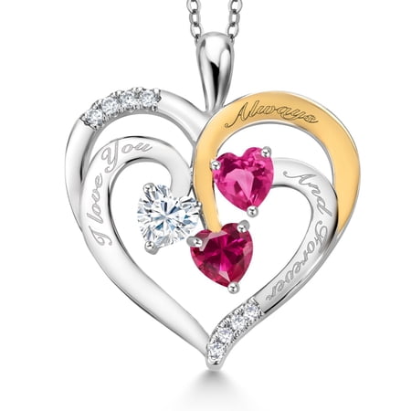 Gem Stone King Two Tone White Moissanite Pink Created Sapphire Red Created Ruby `I love you always and forever` Engraved Pendant Necklace for Women (1.62 cttw, Heart Shape 5MM, 18 inch Chain)
