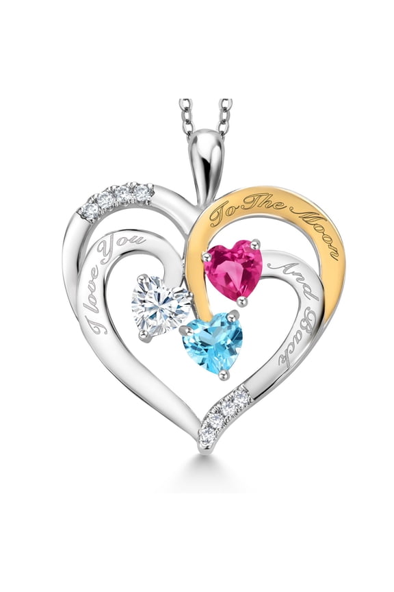 Two Tone White Moissanite Pink Created Sapphire Swiss Blue Topaz `I love you to the moon and back` Engraved Pendant Necklace for Women (1.57 cttw, Heart Shape 5MM, 18 inch Chain)