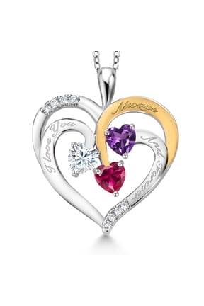 Two Tone White Moissanite Purple Amethyst Red Created Ruby `I love you always and forever` Engraved Pendant Necklace for Women (1.44 cttw, Heart Shape 5MM, 18 inch Chain)