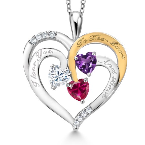 Gem Stone King Two Tone White Moissanite Purple Amethyst Red Created Ruby `I love you to the moon and back` Engraved Pendant Necklace for Women (1.44 cttw, Heart Shape 5MM, 18 inch Chain)