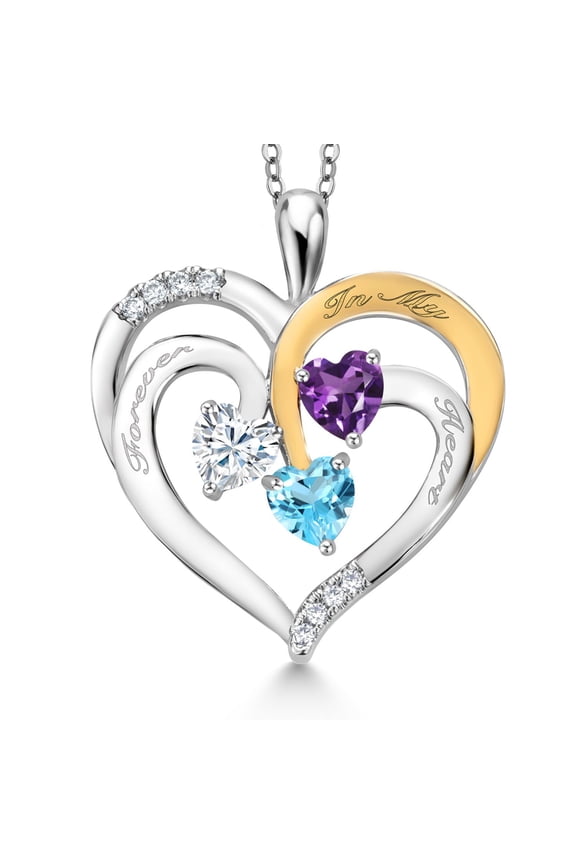 Two Tone White Moissanite Purple Amethyst Swiss Blue Topaz `Forever in My Heart` Engraved Pendant Necklace for Women (1.39 cttw, Heart Shape 5MM, 18 inch Chain)
