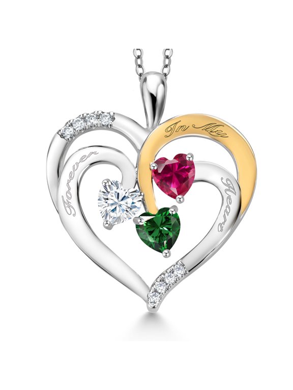 Two Tone White Moissanite Red Created Ruby Green Nano Emerald `Forever in My Heart` Engraved Pendant Necklace for Women (1.52 cttw, Heart Shape 5MM, 18 inch Chain)
