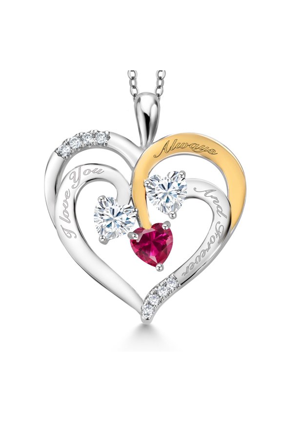 Two Tone White Moissanite and Red Created Ruby `I love you always and forever` Engraved Pendant Necklace for Women (1.44 cttw, Heart Shape 5MM, 18 inch Chain)