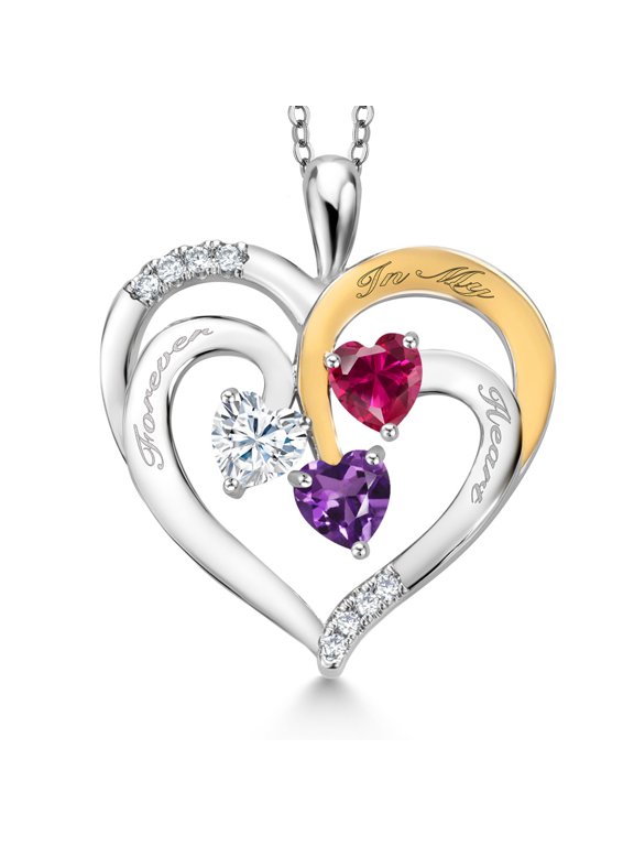 Two Tone White Moissanite Red Created Ruby Purple Amethyst `Forever in My Heart` Engraved Pendant Necklace for Women (1.44 cttw, Heart Shape 5MM, 18 inch Chain)