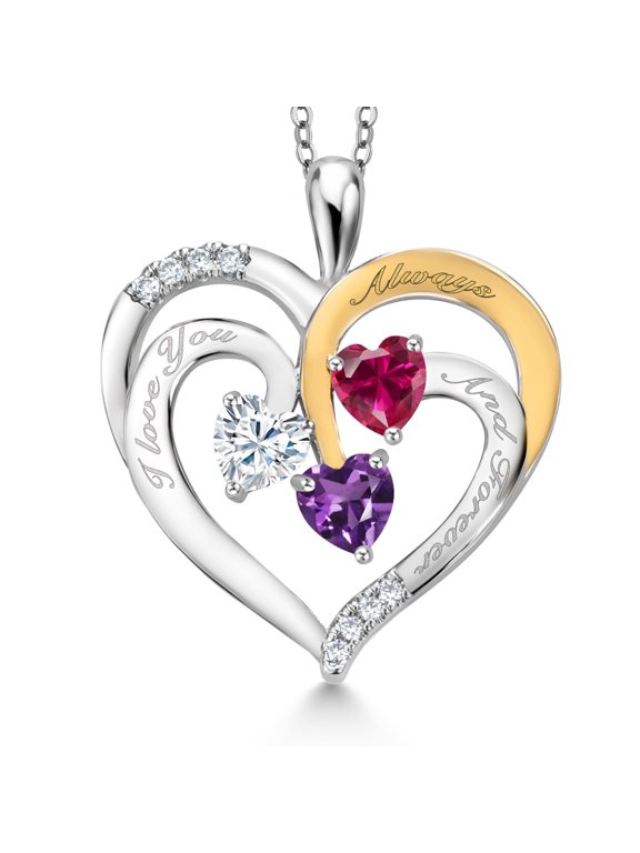 Two Tone White Moissanite Red Created Ruby Purple Amethyst `I love you always and forever` Engraved Pendant Necklace for Women (1.44 cttw, Heart Shape 5MM, 18 inch Chain)