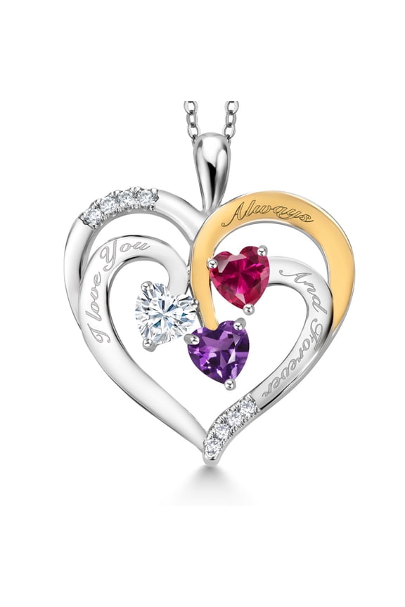 Two Tone White Moissanite Red Created Ruby Purple Amethyst `I love you always and forever` Engraved Pendant Necklace for Women (1.44 cttw, Heart Shape 5MM, 18 inch Chain)