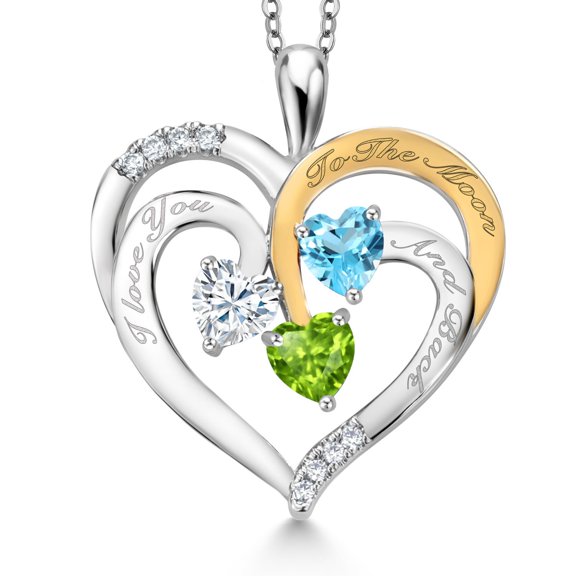 Gem Stone King Two Tone White Moissanite Swiss Blue Topaz Green Peridot `I love you to the moon and back` Engraved Pendant Necklace for Women (1.47 cttw, Heart Shape 5MM, 18 inch Chain)