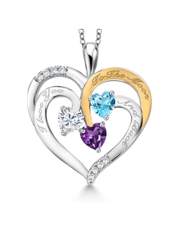 Two Tone White Moissanite Swiss Blue Topaz Purple Amethyst `I love you to the moon and back` Engraved Pendant Necklace for Women (1.39 cttw, Heart Shape 5MM, 18 inch Chain)