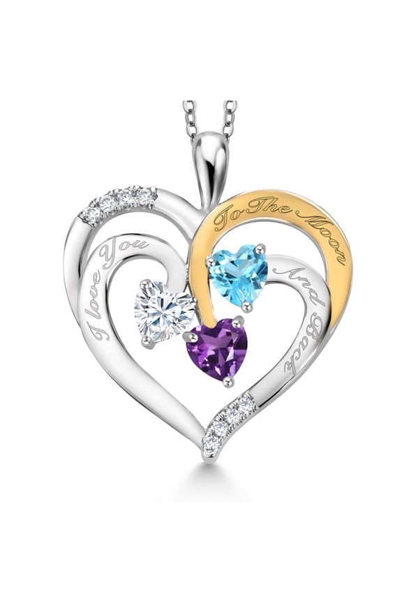 Two Tone White Moissanite Swiss Blue Topaz Purple Amethyst `I love you to the moon and back` Engraved Pendant Necklace for Women (1.39 cttw, Heart Shape 5MM, 18 inch Chain)