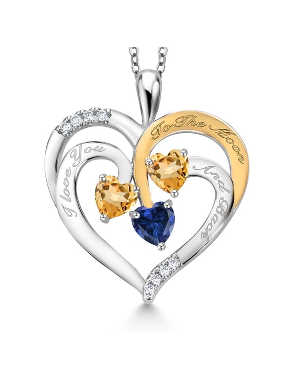 Two Tone Yellow Citrine and Blue Created Sapphire Created Moissanite `I love you to the moon and back` Engraved Pendant Necklace for Women (1.42 cttw, Heart Shape 5MM, 18 inch Chain)