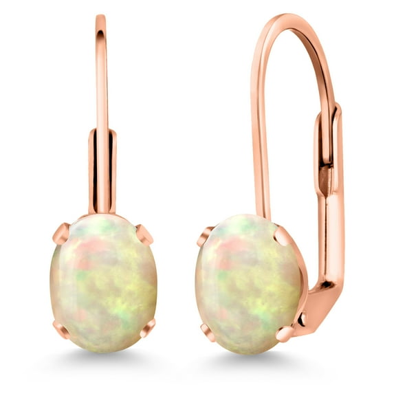 Gem Stone King White Ethiopian Opal Rose Gold Plated Leverback Earrings for Women (1.02 Cttw, Gemstone Birthstone, Oval Cabochon 7X5MM)