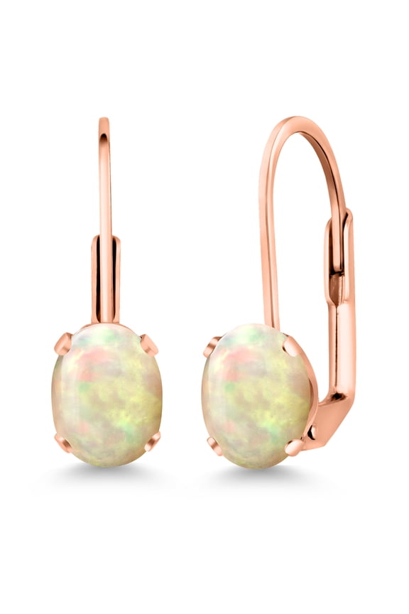 White Ethiopian Opal Rose Gold Plated Leverback Earrings for Women (1.02 Cttw, Gemstone Birthstone, Oval Cabochon 7X5MM)