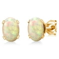 thumbnail image 1 of Gem Stone King White Ethiopian Opal Yellow Gold Plated Stud Earrings for Women Men (1.02 Cttw, Gemstone, Oval Cabochon 7X5MM), 1 of 3