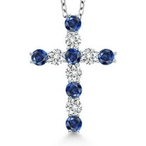 Gem Stone King White Moissanite and Blue Created Sapphire Cross Pendant Necklace for Women | 925 Sterling Silver | 1.64 Cttw | Gemstone Birthstone | Round 3.5MM | With 18 inch Silver Chain