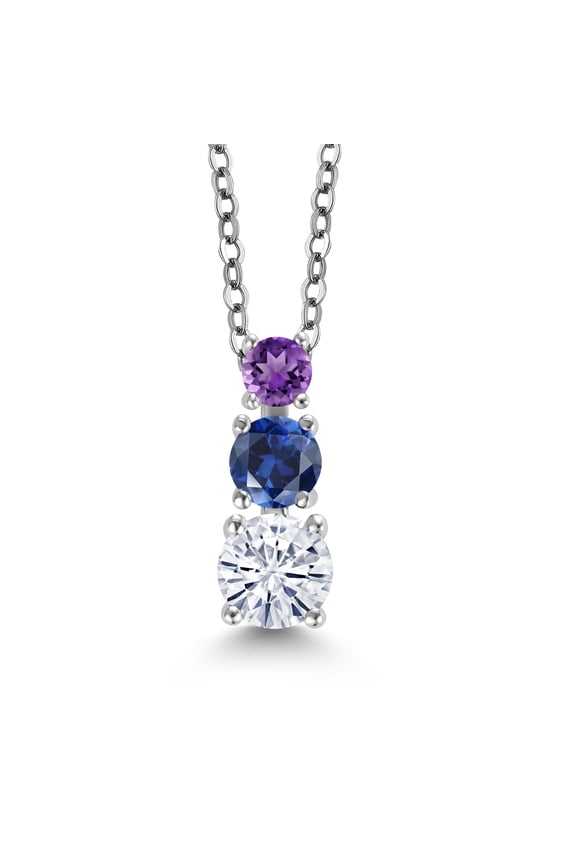 White Moissanite Blue Created Sapphire Purple Amethyst 3 Stone Pendant Necklace for Women (0.85 cttw, Gemstone Birthstone, Round 5MM, 4MM and 3MM, with 18 inch Chain)