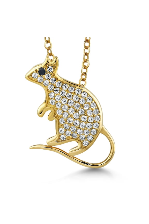 White Moissanite Mouse Rat Pendant Necklace By Keren Hanan | 18K Yellow Gold Plated Silver | Animal Love | With 18 inch Silver Chain