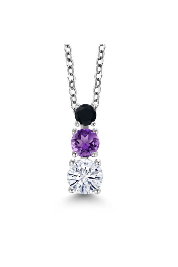 White Moissanite Purple Amethyst Black Onyx 3 Stone Pendant Necklace for Women (0.85 cttw, Gemstone Birthstone, Round 5MM, 4MM and 3MM, with 18 inch Chain)