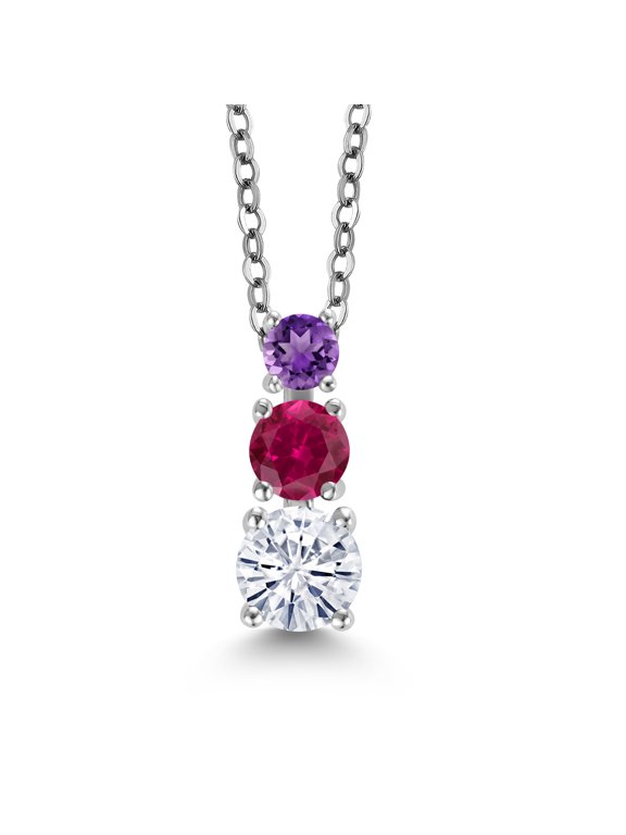 White Moissanite Red Created Ruby Purple Amethyst 3 Stone Pendant Necklace for Women (0.85 cttw, Gemstone Birthstone, Round 5MM, 4MM and 3MM, with 18 inch Chain)