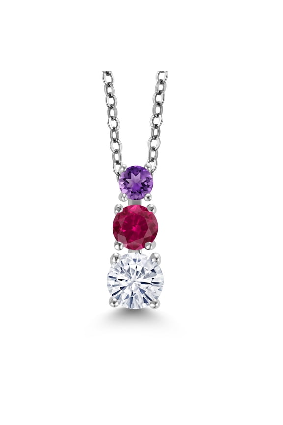 White Moissanite Red Created Ruby Purple Amethyst 3 Stone Pendant Necklace for Women (0.85 cttw, Gemstone Birthstone, Round 5MM, 4MM and 3MM, with 18 inch Chain)