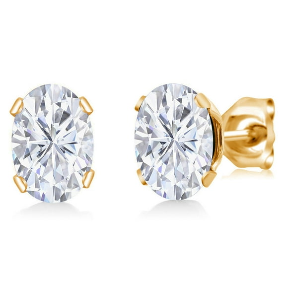 Gem Stone King White Moissanite Yellow Gold Plated Stud Earrings for Women Men (1.80 Cttw, Gemstone, Oval 7X5MM)