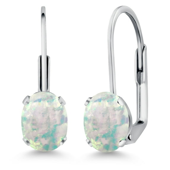Gem Stone King White Opal Rhodium Plated Leverback Earrings for Women (2.00 Cttw, Gemstone October Birthstone, Oval Cabochon 7X5MM)