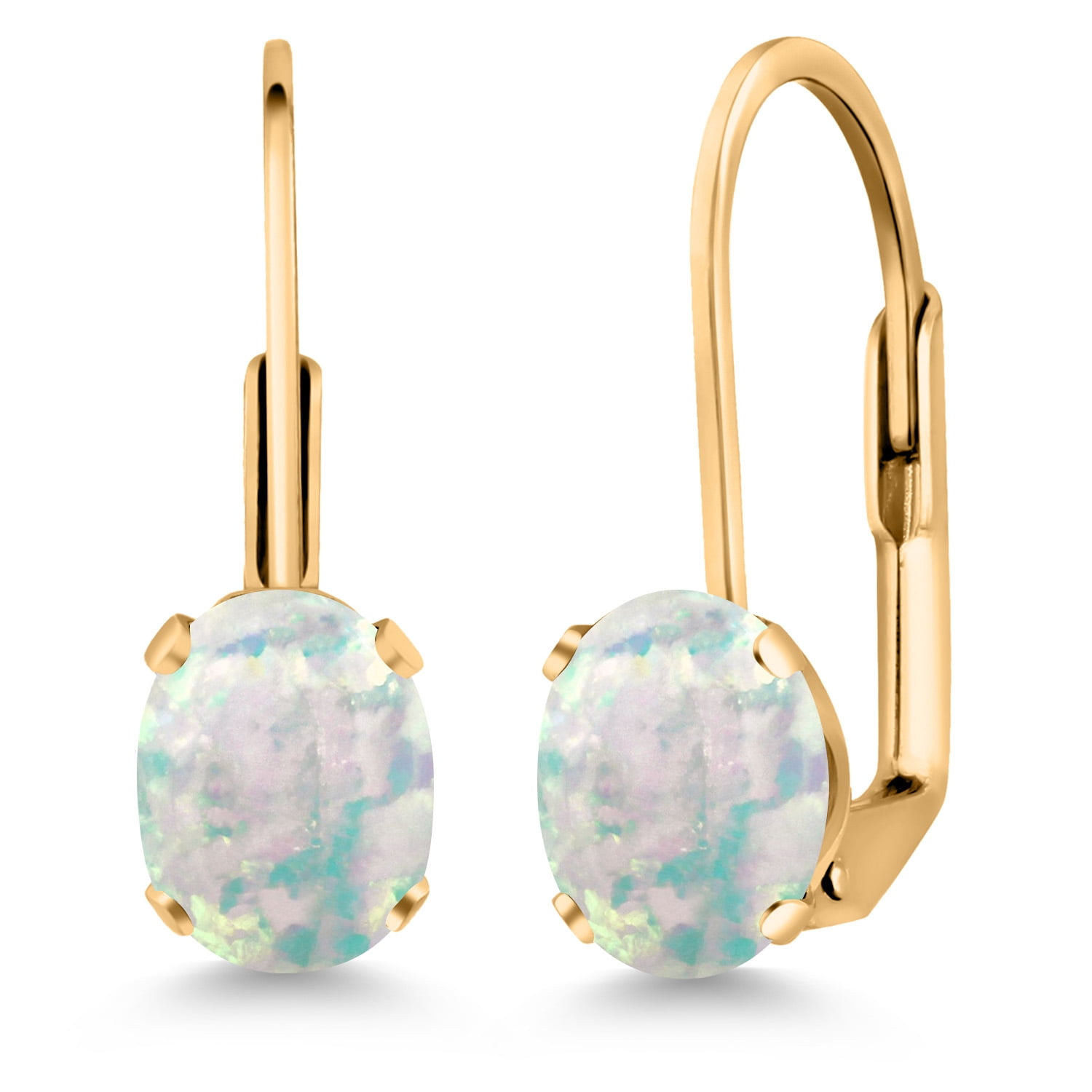 Gem Stone King White Opal Yellow Gold Plated Leverback Earrings for Women (2.00 Cttw, Gemstone October Birthstone, Oval Cabochon 7X5MM)