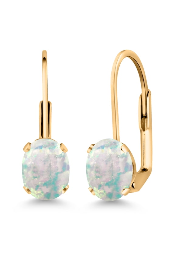 White Opal Yellow Gold Plated Leverback Earrings for Women (2.00 Cttw, Gemstone October Birthstone, Oval Cabochon 7X5MM)