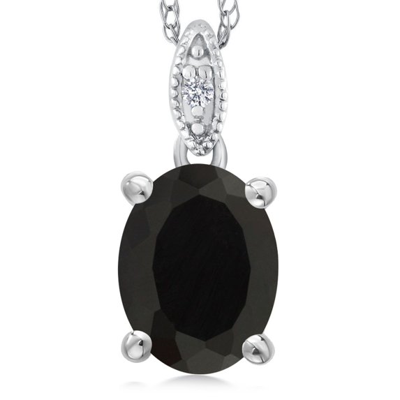 Gem Stone King Women's Oval Black Onyx 10K White Gold Diamond Pendant With Chain